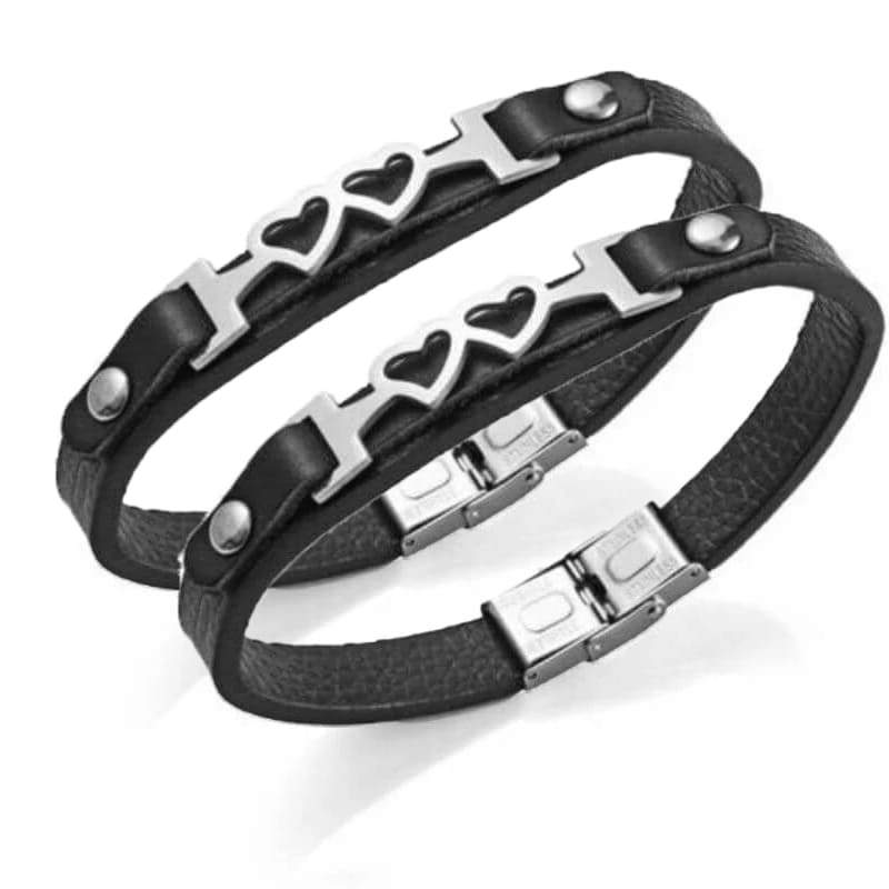 Bracelets Couple Cuir Double Coeur Argent